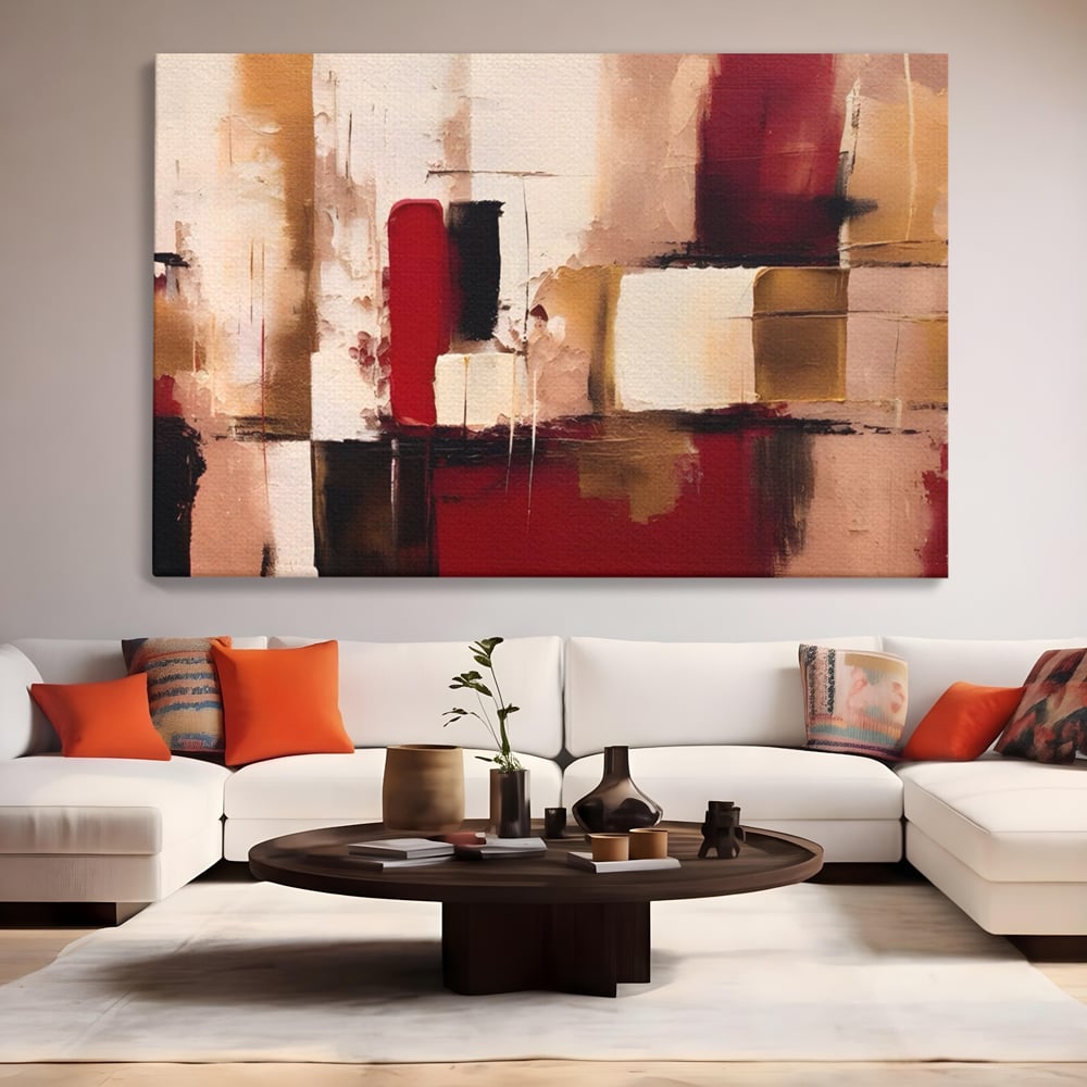 Tablou canvas cu pictura abstracta cu patrate rosii si bej, fara rama, pe sasiu de lemn, pe perete intr-un living